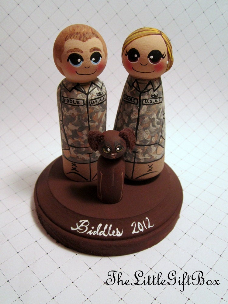 Wedding Cake Topper / Custom Painted Wood Peg Dolls / Couple Plus One Pet and Plaque