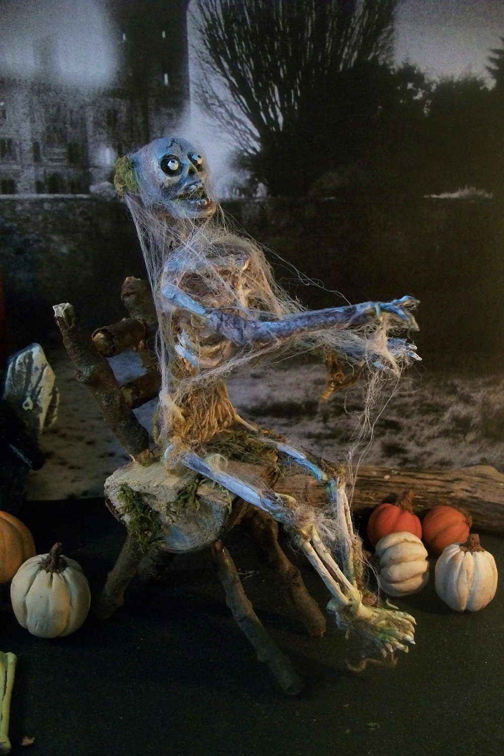 Miniature SITTING Skeleton, Haunted Dollhouse Decor 1:12 Scale, 5.3/4th inches tall with Cobwebs