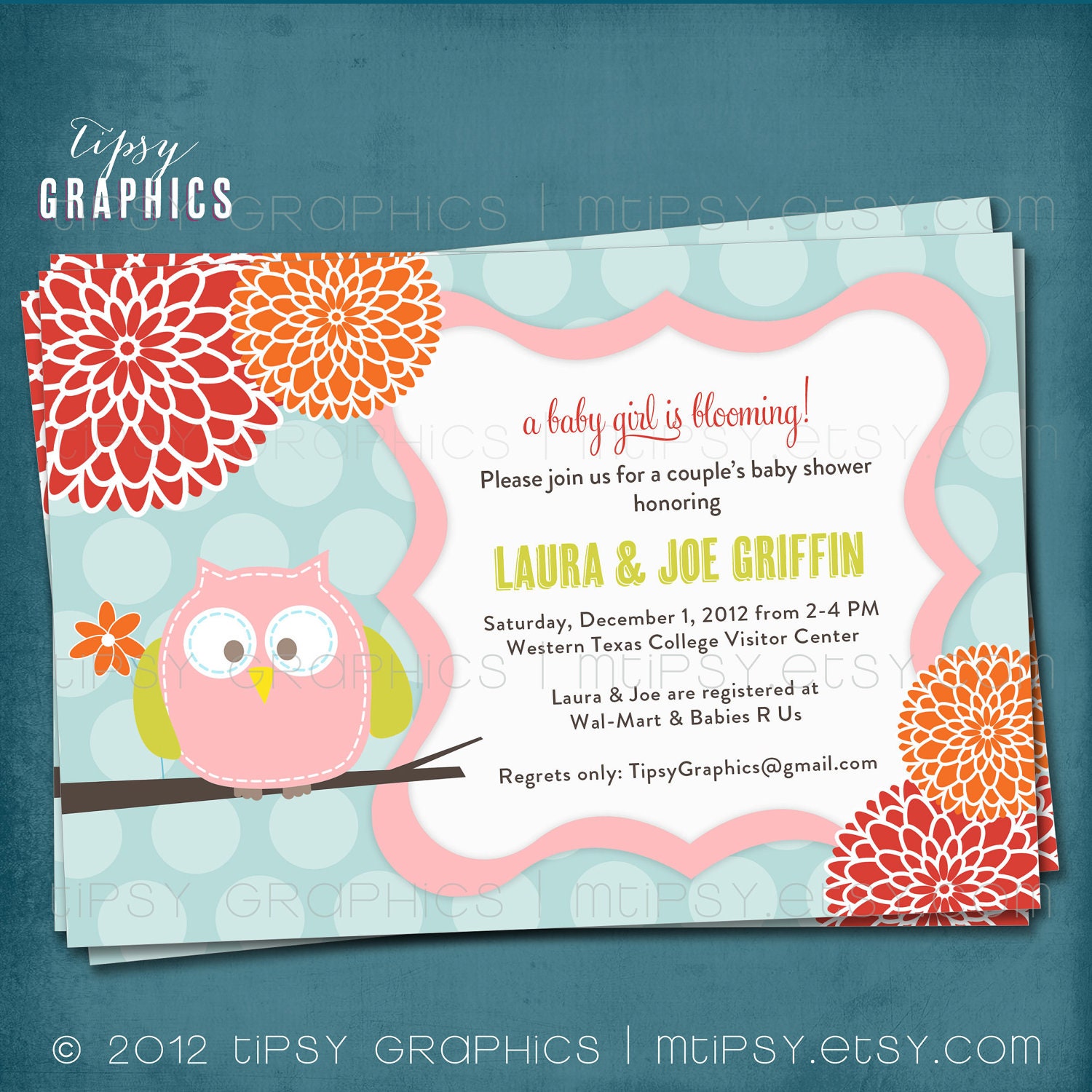 Baby Girl is Blooming. Owl Polka Dot Mum. Baby Shower Invite by Tipsy Graphics Il_570xn
