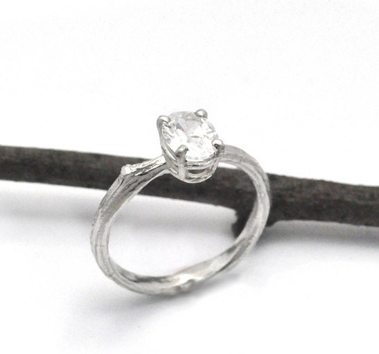 Oval Moissanite twig engagement Ring - 14k white twig band