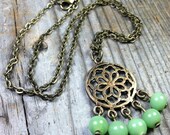 Kermit Necklace - antique brass / gold metal chandelier charm / pendant - green glass - chain