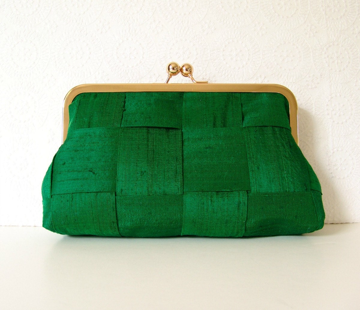 Clover green evening bag in gold frame, woven silk formal clutch purse - toriska
