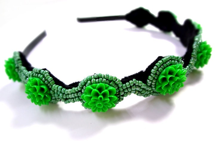 Beaded Green Headband - Metal Hair Accessory