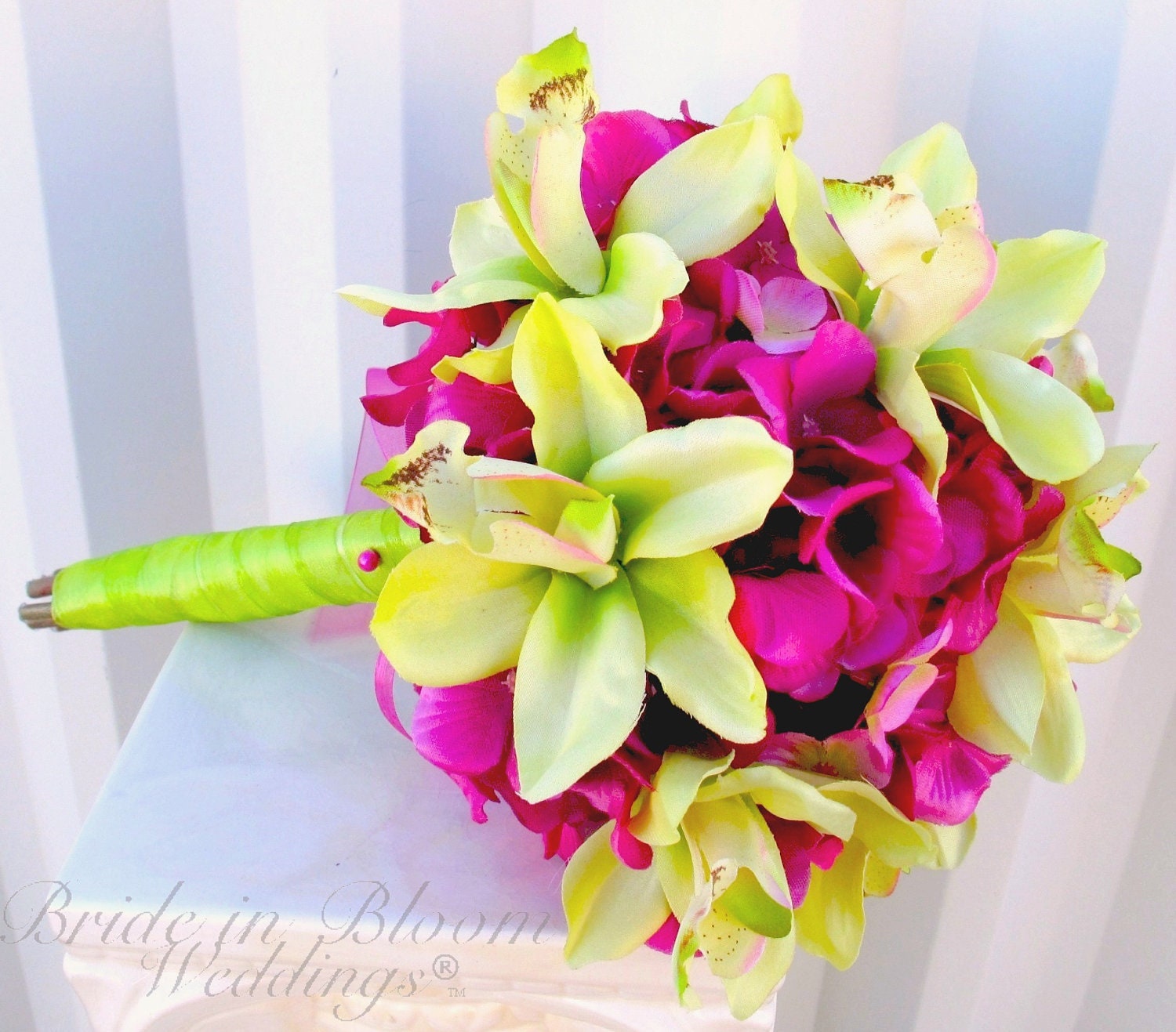 Bridal Bouquet Wedding bouquet fuchsia pink hydrangea lime green orchids
