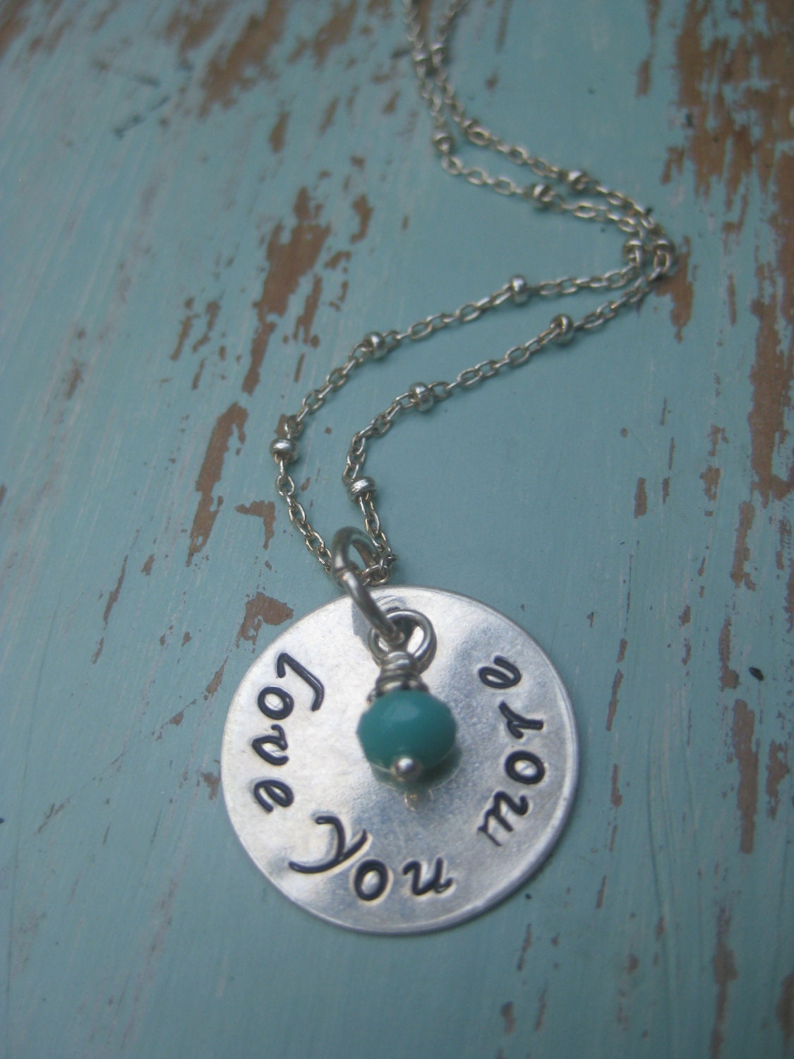 Love You More  - Mother's Day Gift - Sterling Silver Disc Necklace - Turquoise Czech Glass  - Birthstone - TakeFlightBoutique on Etsy