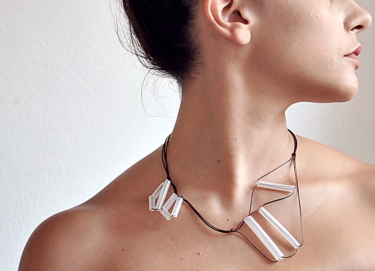 Assymetric geometric necklace- plastic tube- minimal- under 50