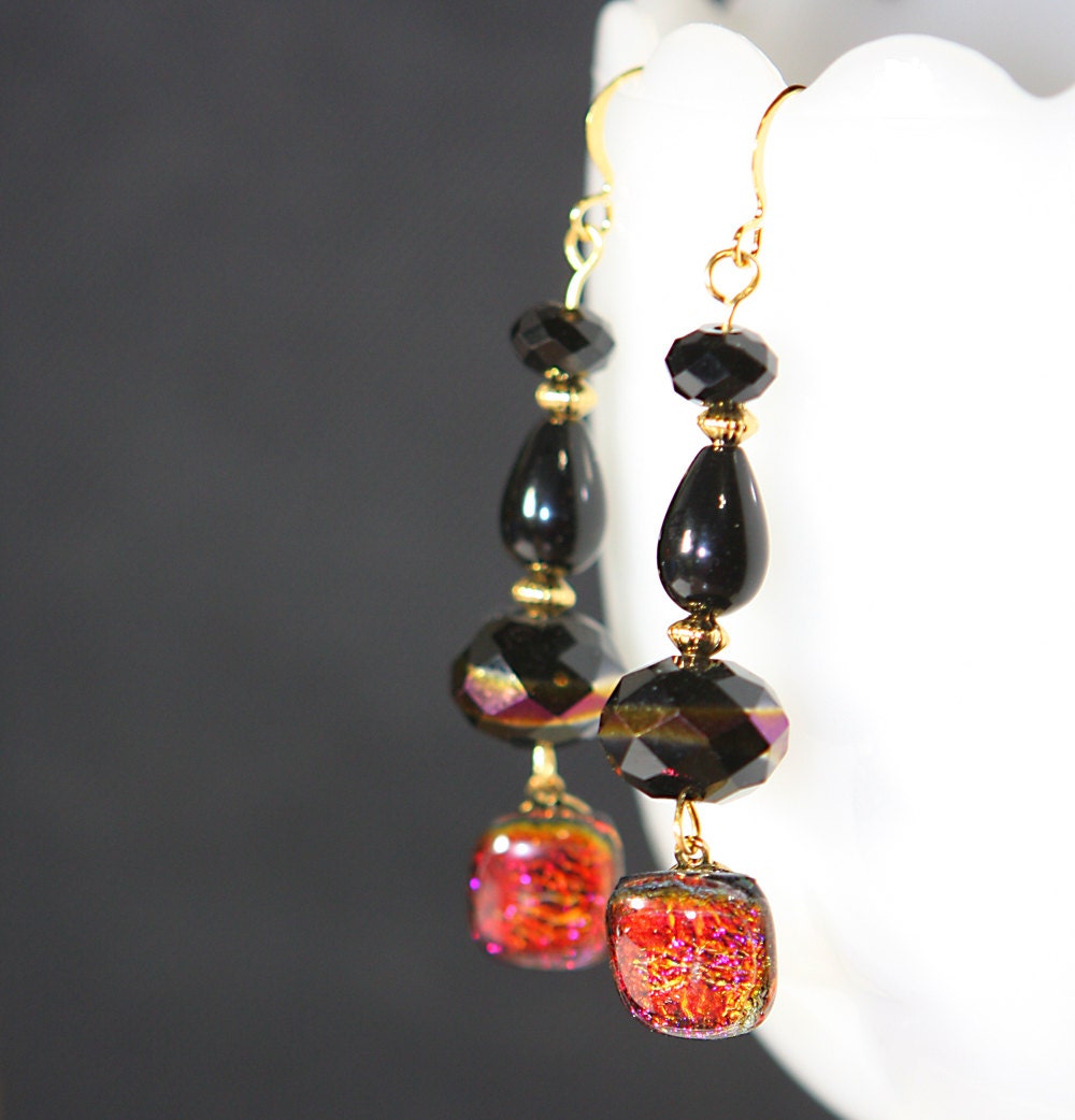 Bright Dichroic Glass Black and Gold Earrings