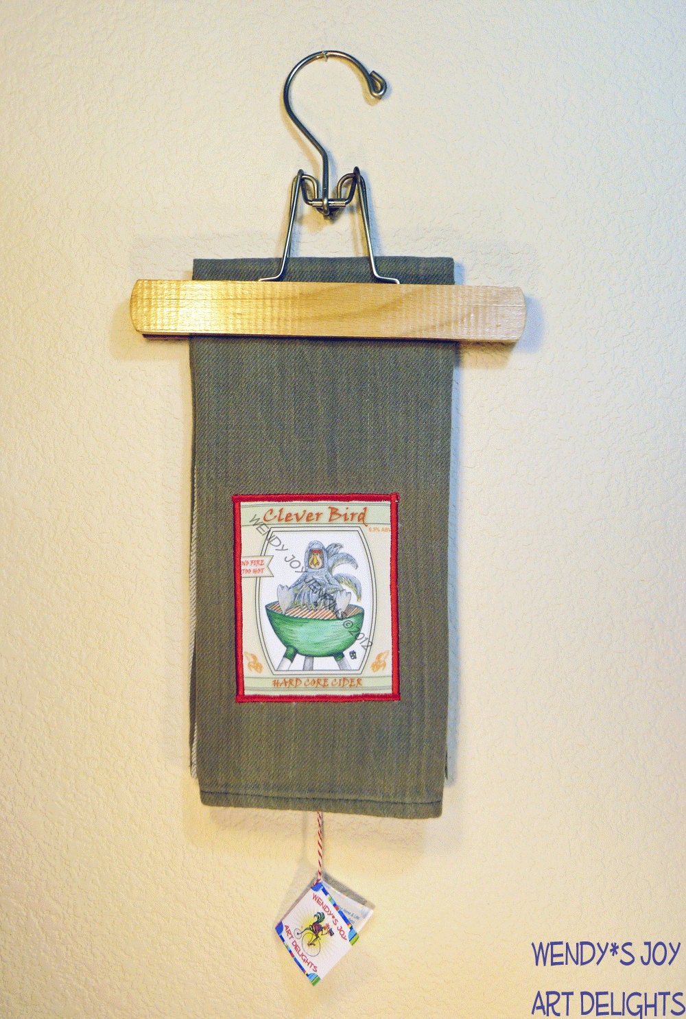 Clever Bird BBQ Kitchen Towel Faux Cider Label Rooster in a Fireproof Suit Humor Silly Man Gift Idea