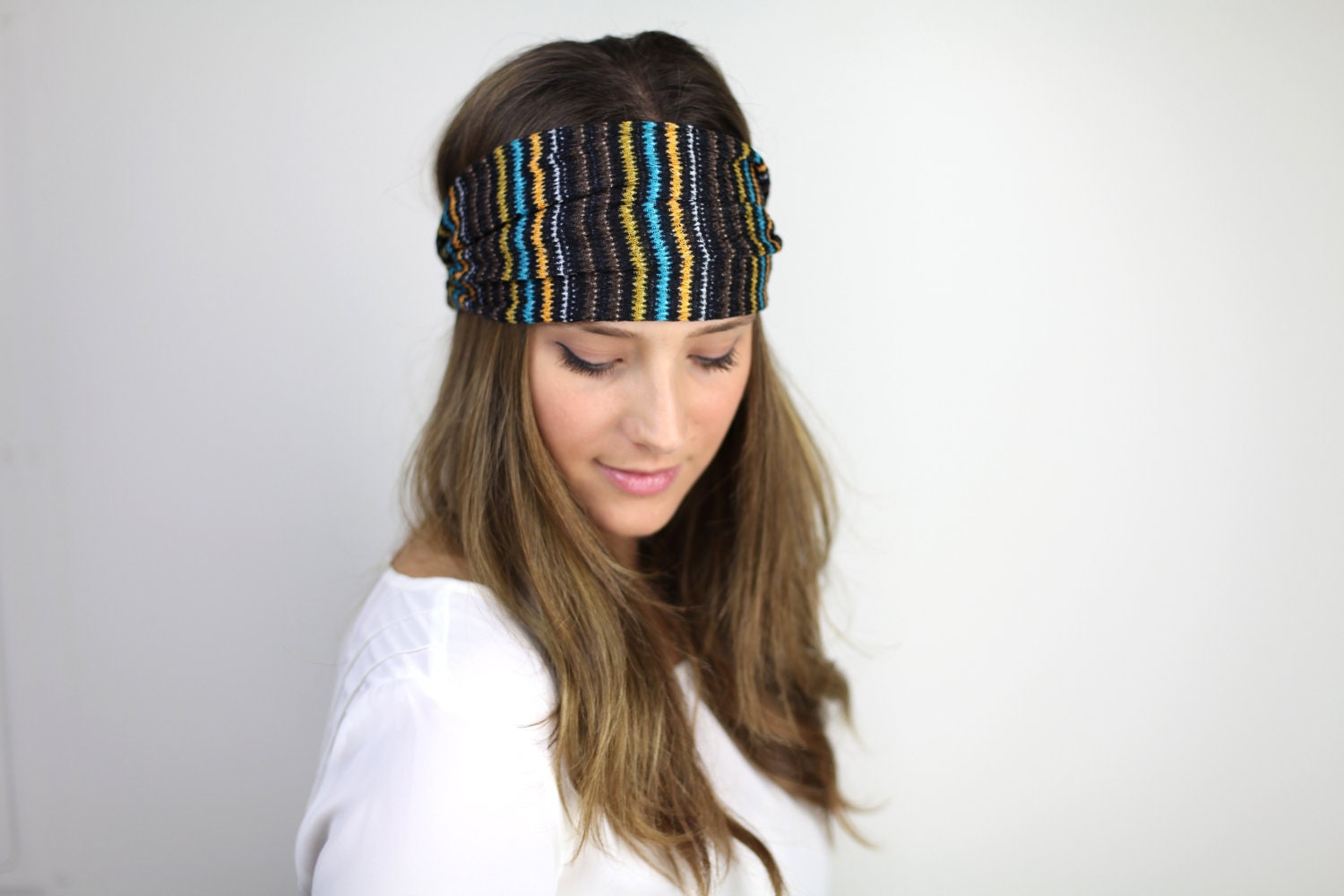 Headband, brown and teal stripe mesh headband headwrap, gym headband, turband chunky  headband, urban turban, headwrap, gym