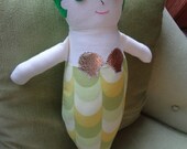 Handmade MERMAID Rag Doll - green hair, gold shells, green eyes, green yellow tail - Ready to Ship Same Day