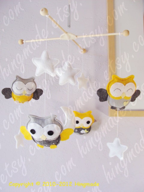 Baby Crib Mobile -  Owl Modern Mobile - Nursery Mobile - Felt Mobile - Yellow  Gray Owls in a starry night  (U can pick colors)