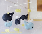 Whale Mobile - Baby Mobile - Nursery Crib Mobile - Fish Mobile - Serene Sea - Navy Blue Whale family and Yellow fish (You pick your colors)