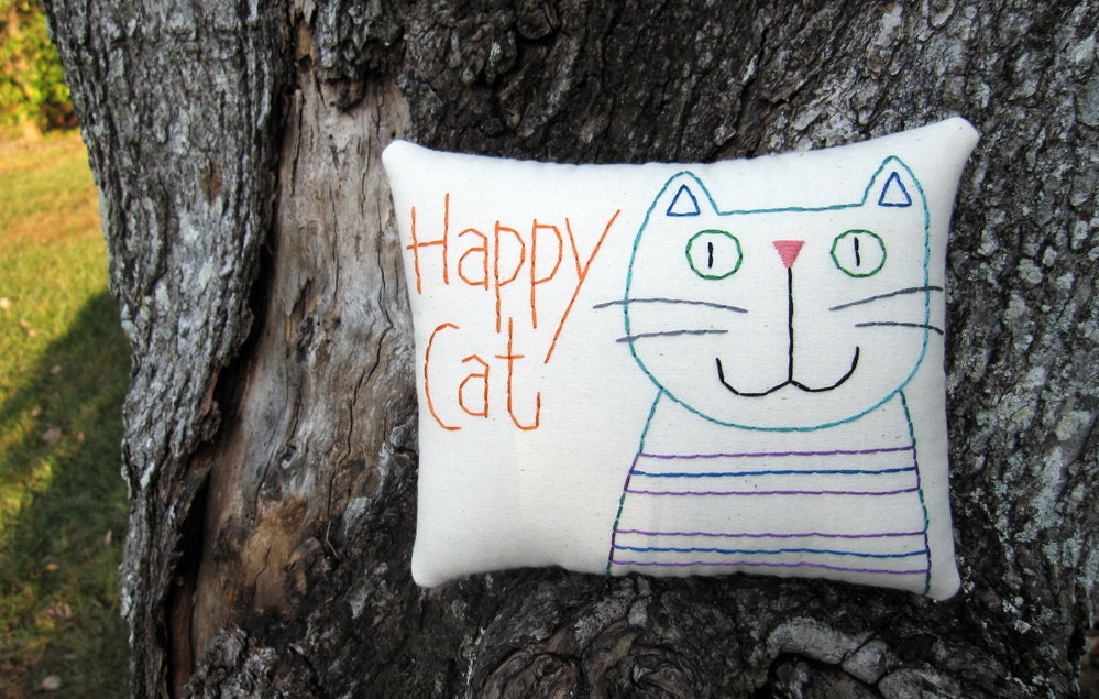 Happy Cat  Pillow - Primitive Hand Embroidered Stitchery