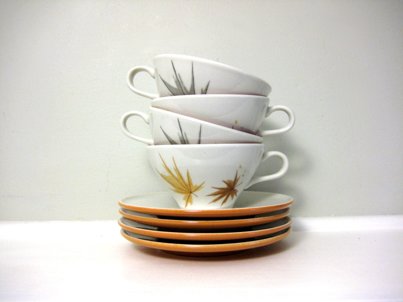 RESERVED Vintage Ben Seibel Autumn Harvest Teacups, Leaf Saucers, Informal Iroquois China, Fall Leaves, Burnt Orange, Ceramic, Tea Coffee