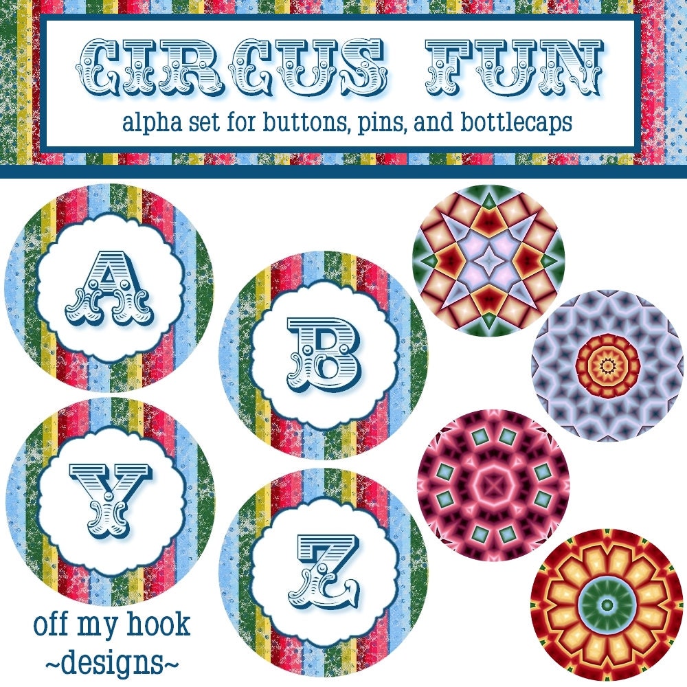 CIRCUS FUN Alpha Set, Digital Images, 1" Circles, Button Images, Pin Images, Bottlecap Images, Circus Images