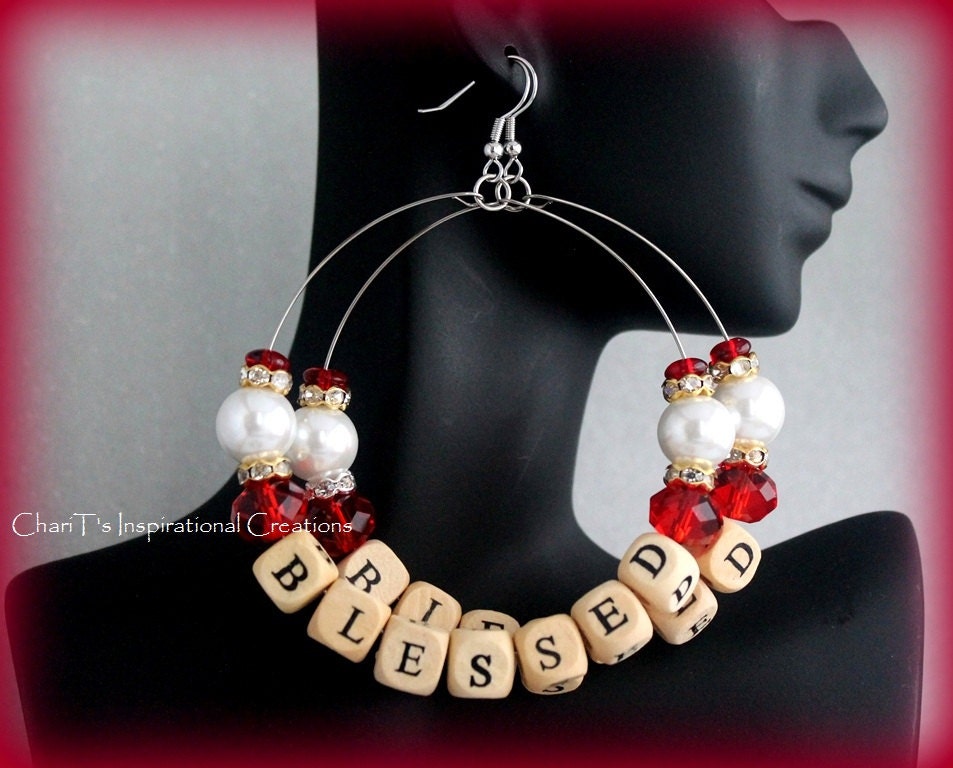 Red and white Too BLESSED to be Stressed Wood Beaded Hoops: Made to Order