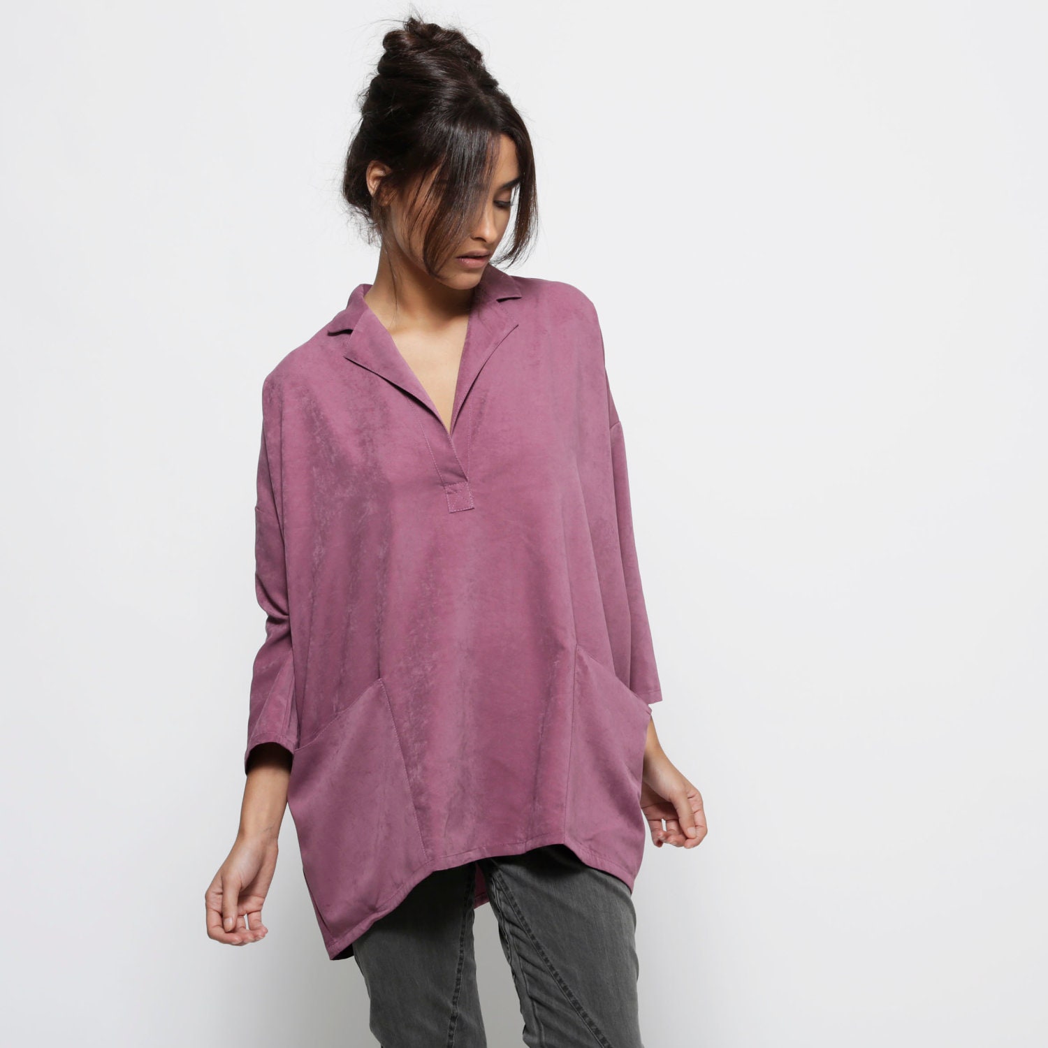 Purple women  blouse top, big pockets shirt,  3/4 sleeves,  oversize - AndyVeEirn