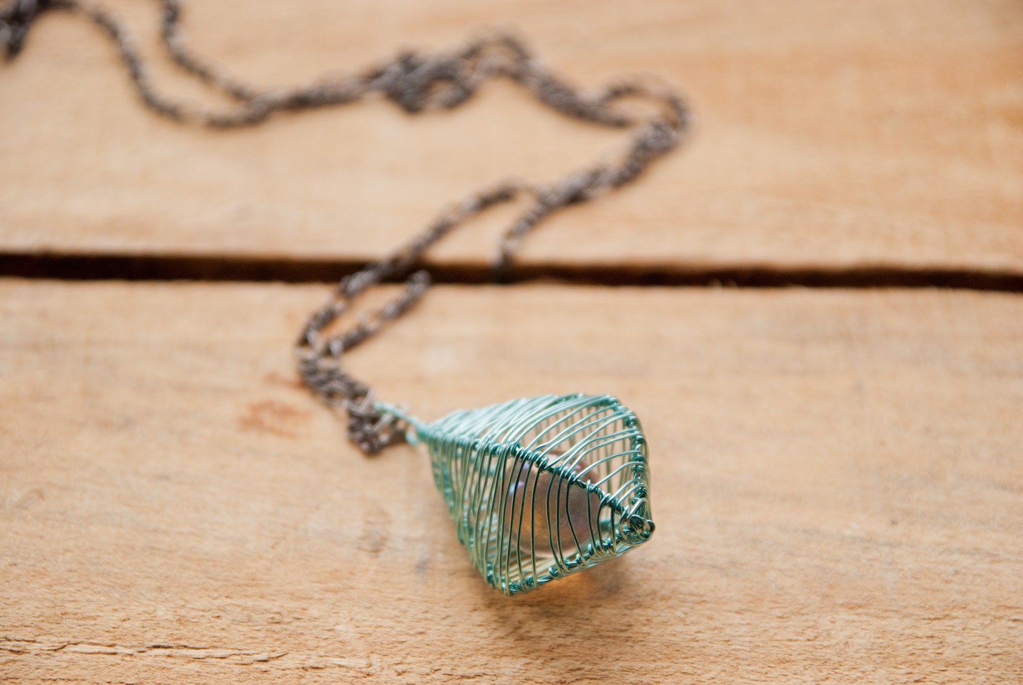 Necklace Pendant Drop Cage in Light Turquoise and Peach