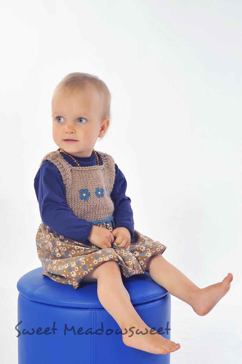 Girls Dress, Blue Yellow Beige Knitted cord Corduroy Embroidered Flower print Floral, fall, winter, warm  - 24 M / 2 T baby, Toddler