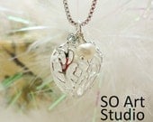 Sterling Silver Heart with Freshwater Pearl / blue crystal on a Silver Box Chain necklace