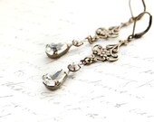 Long Earrings, Vintage Glass, Antique Gold Brass Filigree, Fleur Dangle, Old Hollywood, Rhinestone,  Lace, French, Wedding Jewelry, Bridal