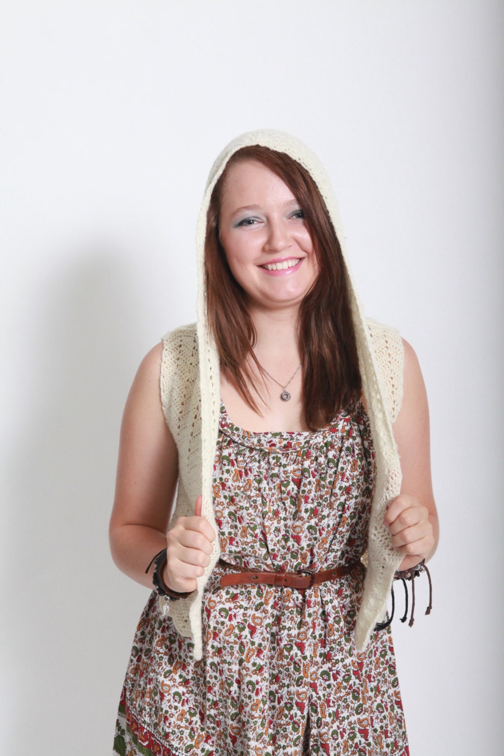 Vintage 1970s ecru crocheted hooded cardigan vest