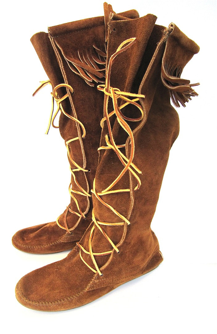 Brown Suede Tall Moccasin Boots Lace Up Front