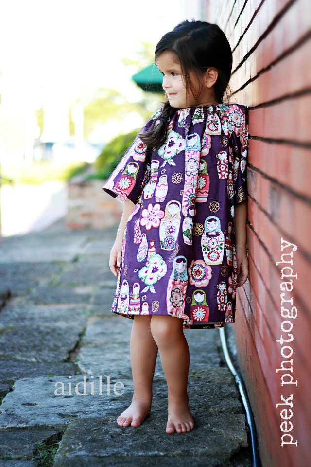 Girls Russian Nesting Dolls Peasant Dress Fall in Aubergine Eggplant Matryoshka 12m 18m 2t 3t 4t 5 6