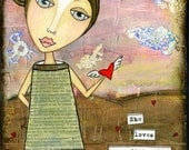 Mixed Media Art: Unconditional Girl 8x10 print - Whimsical Art, Inspirational Art, Wall Art, Whimsical girl, pink, brown, green