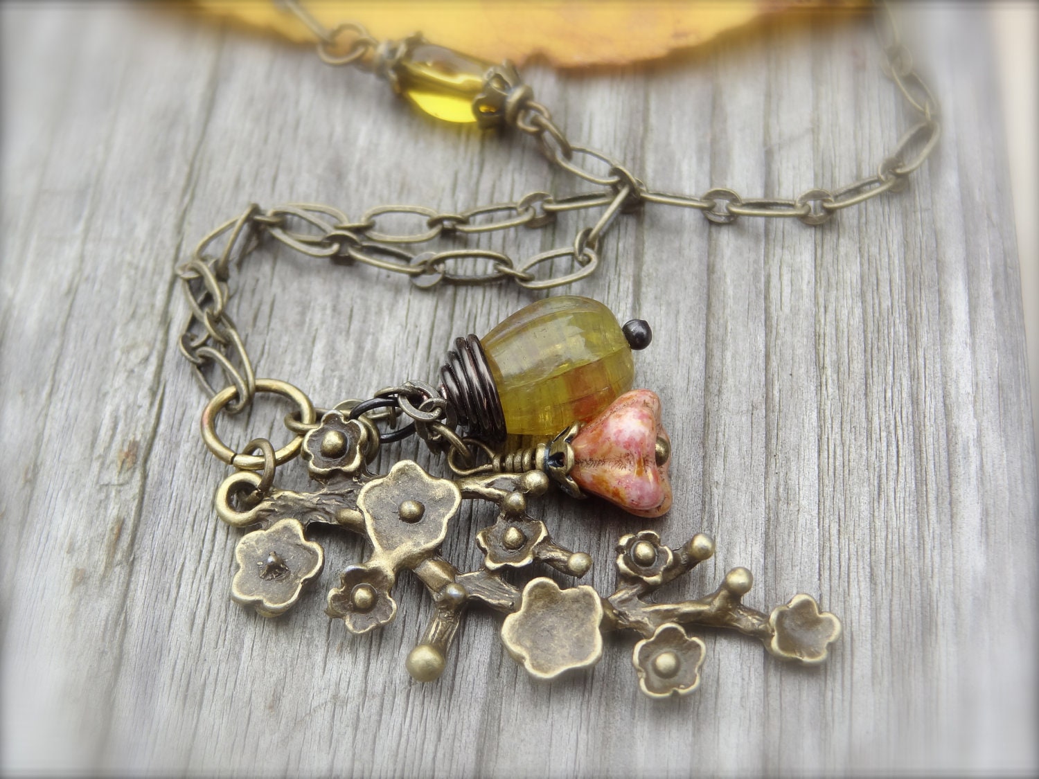 Blossom Branch Necklace on Antiqued Bronze Chain with Rose Luster Czech Trumpet Flower Beads