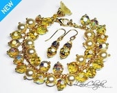 ON SALE Charm Bracelet and Earrings Set Yellow Glass Beads 14k Gold Plated Light Gold Pearls Swarovski Crystal Free US Shipping