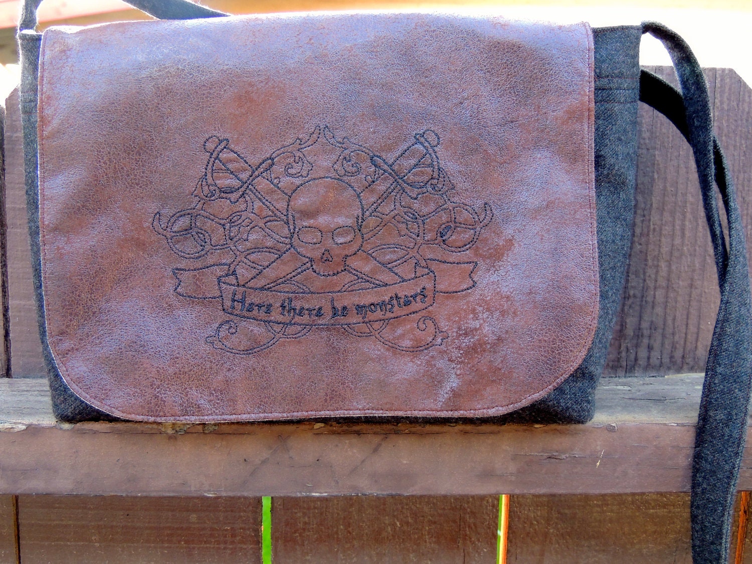 Pirate Crossbody Bag in Faux Suede and Grey Wool with "Here There Be Monsters" Embroidery