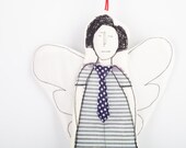 Wall Decorations -  Black and white Modern Angel  Wearing  striped dress and Navy blue polka dot tie - handmade fabric Wall art