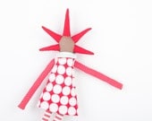 urban Brown ooak art doll - funky  handmade doll With cool red Spikes Haircut - Red retro dress with white Polka Dots Striped Pants