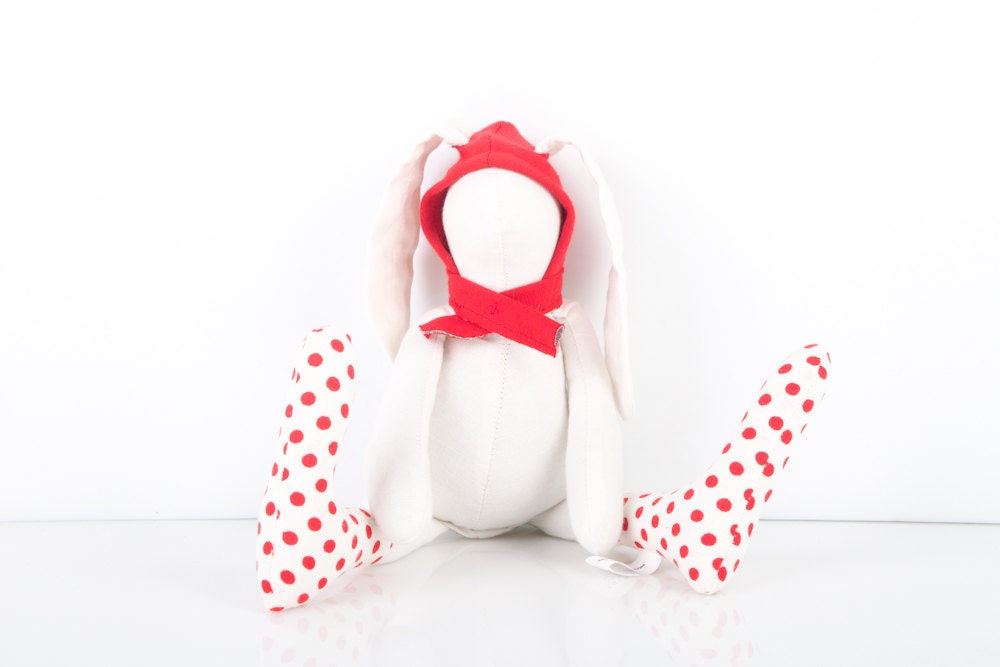 Eco friendly toy - Small Bunny Rabbit doll little white rabbit in red Hood hat Wearing  Polka Dots socks  - Timohandmade fabric stuffed toy