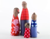 Family Portrait - Father, mother son and daughter -  in shades of Dots, plaid, flowers red blue, African Family - handmade  dolls