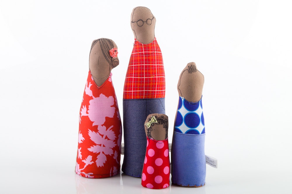 Family Portrait - Father, mother son and daughter -  in shades of Dots, plaid, flowers red blue, African Family - handmade  dolls
