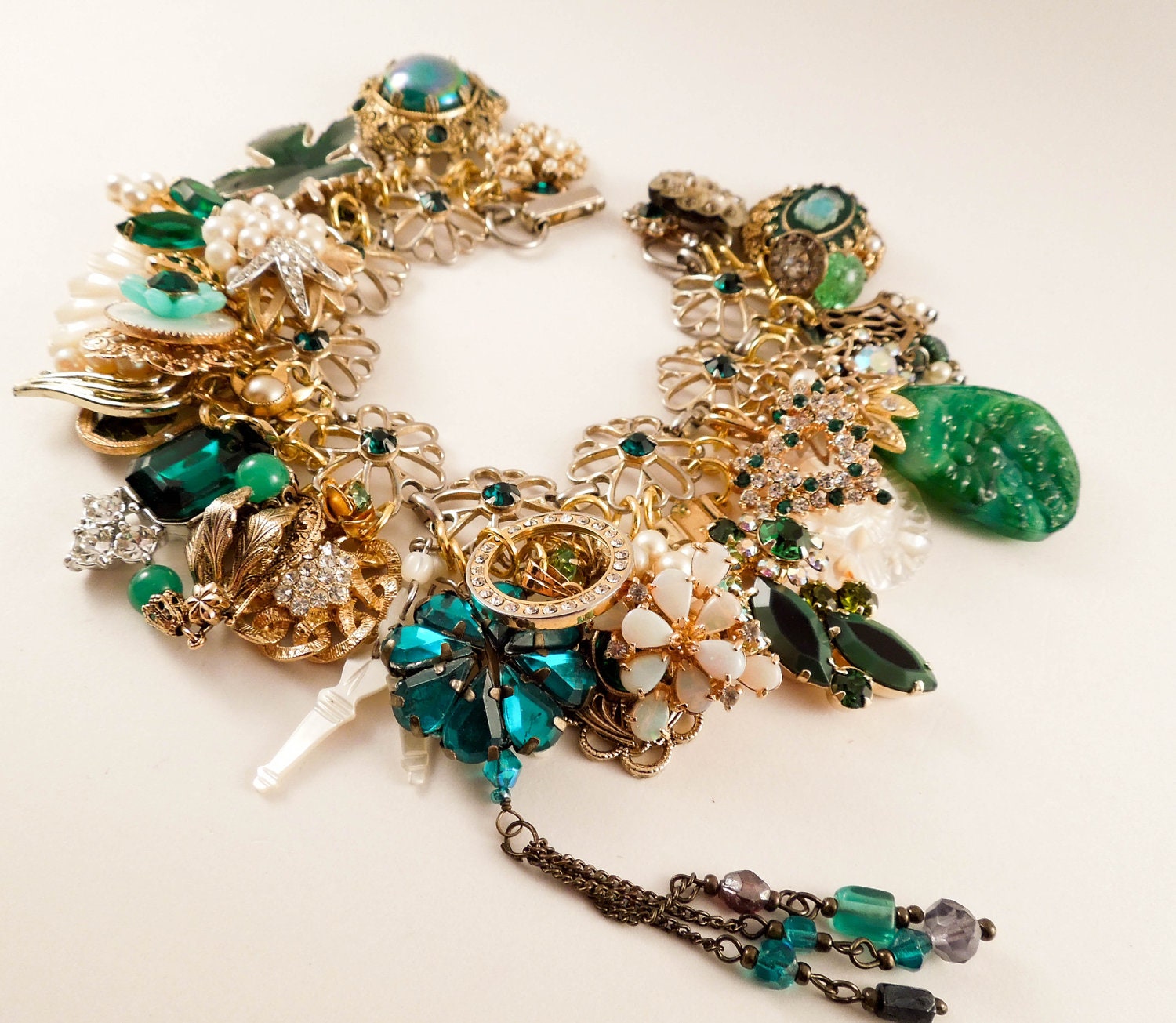 Green Envy Repurposed Vintage Jewelry Charm Bracelet One of a Kind OOAK