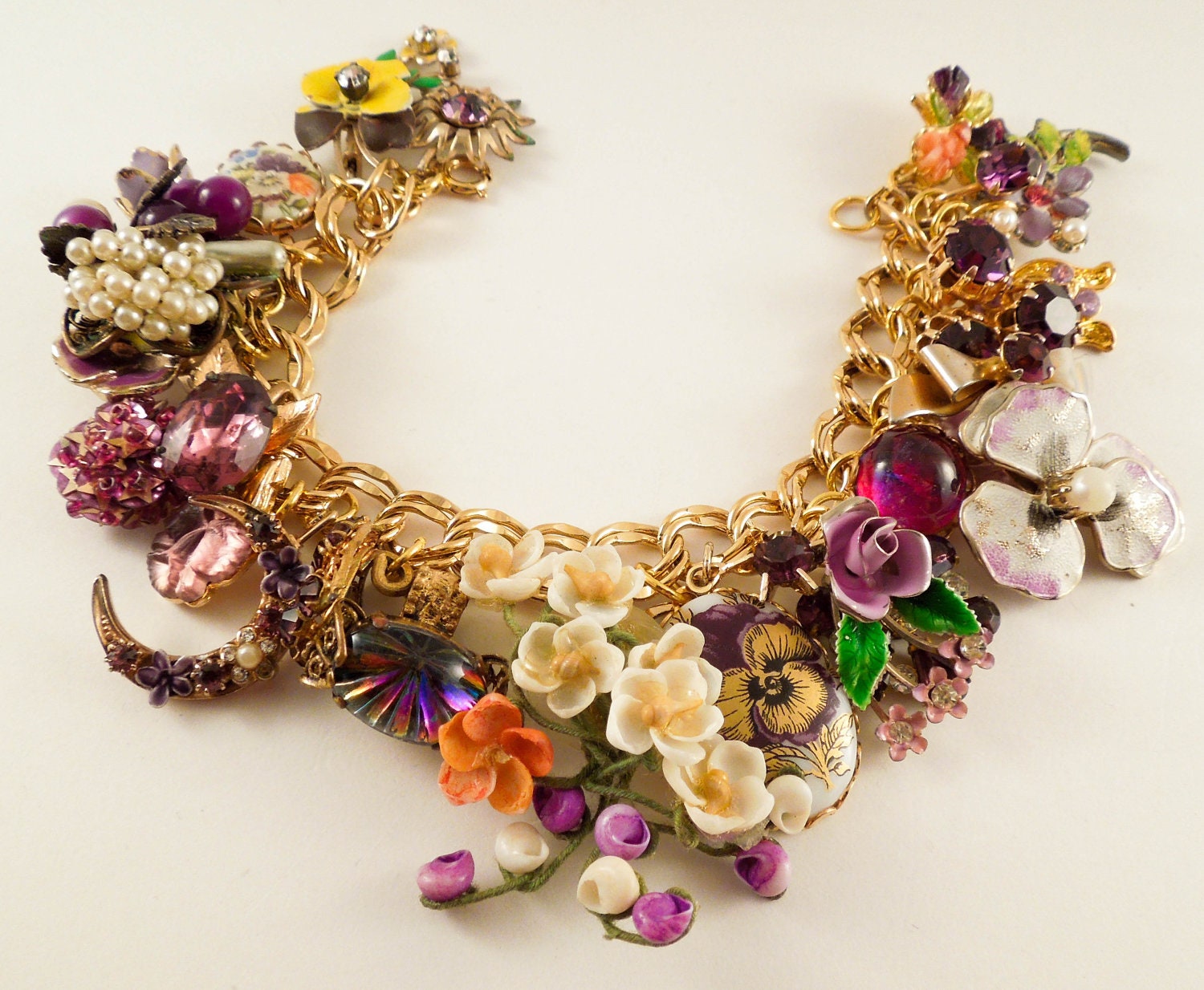 Victorian Violets Repurposed Vintage Jewelry Charm Bracelet one of a kind OOAK