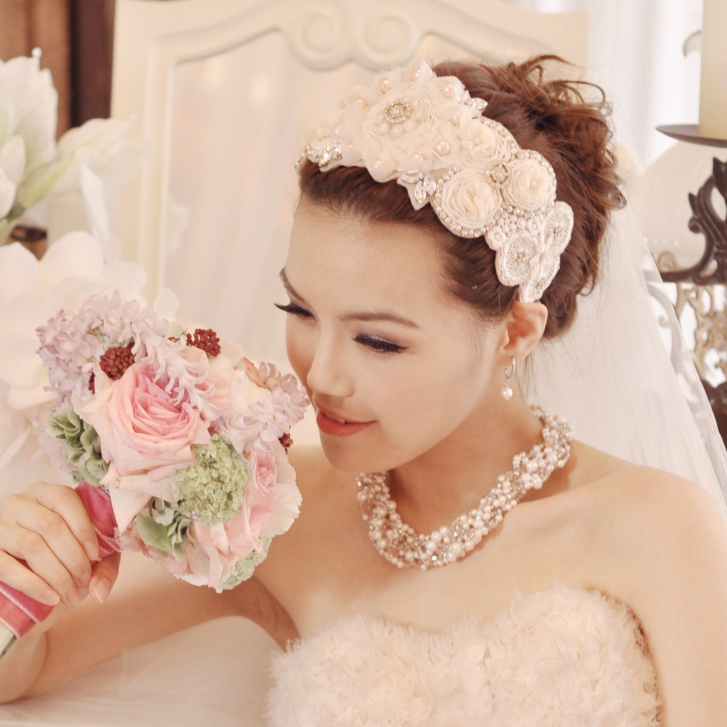 Miss E's Wedding Headpiece in Peach and Gold - Grace Kelly inspired Juliet cap style headpiece