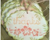 Hawaiian Flower Lei Island Style Thank You Pink Hibiscus Green Palm Leaves Vintage Retro Hand Stamped Inked Original Gift Tags Set of 8
