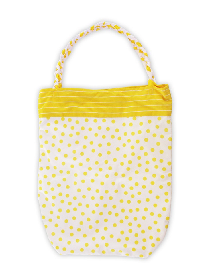 So Cute Yellow polka dots and stripes Handmade Cotton Women's Tote Bag