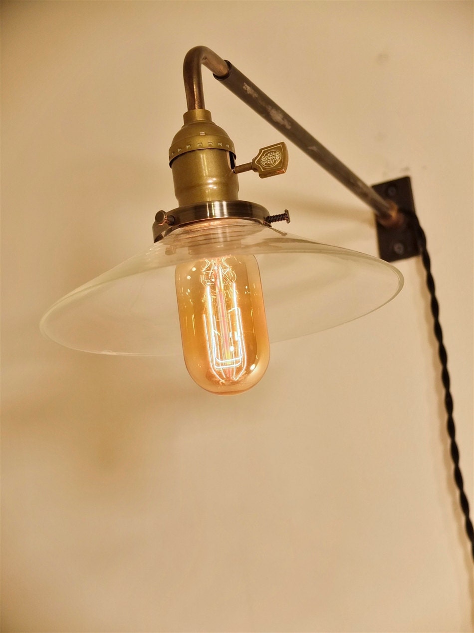 Vintage Industrial Wall Mount Light - CLEAR FLAT SHADE - Machine Age Trouble Lamp Sconce