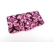 Pink Brown Damask Clutch Wallet- Michael Miller Cocoa Dandy Damask