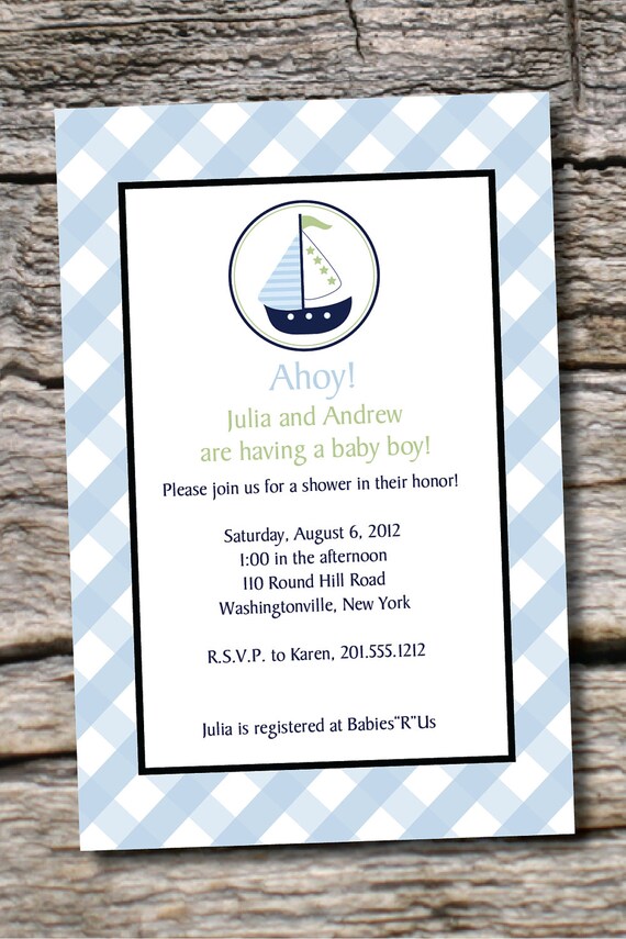 AHOY Gingham Nautical Sailboat Custom Baby Shower Invitation Digital Design - You Print Il_570xn