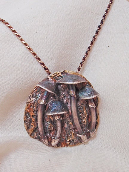 Mushroom Foursome Fine Silver Pendant OOAK Handmade