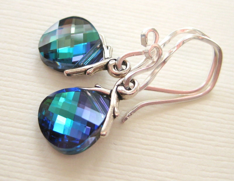 Blue green earrings, Sterling silver, Peacock earrings, Teal aqua earrings, Swarovski crystal earrings, Bridesmaid earrings, Wedding jewelry