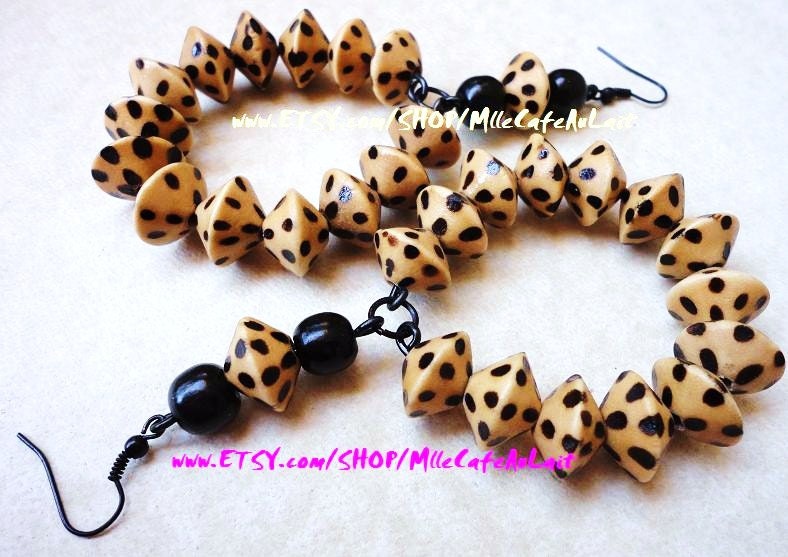 Black and Brown Spotted Cheetah Leopard Animal Print Bi-Cone Wood Beaded Hoop Earrings - GIJIMANI
