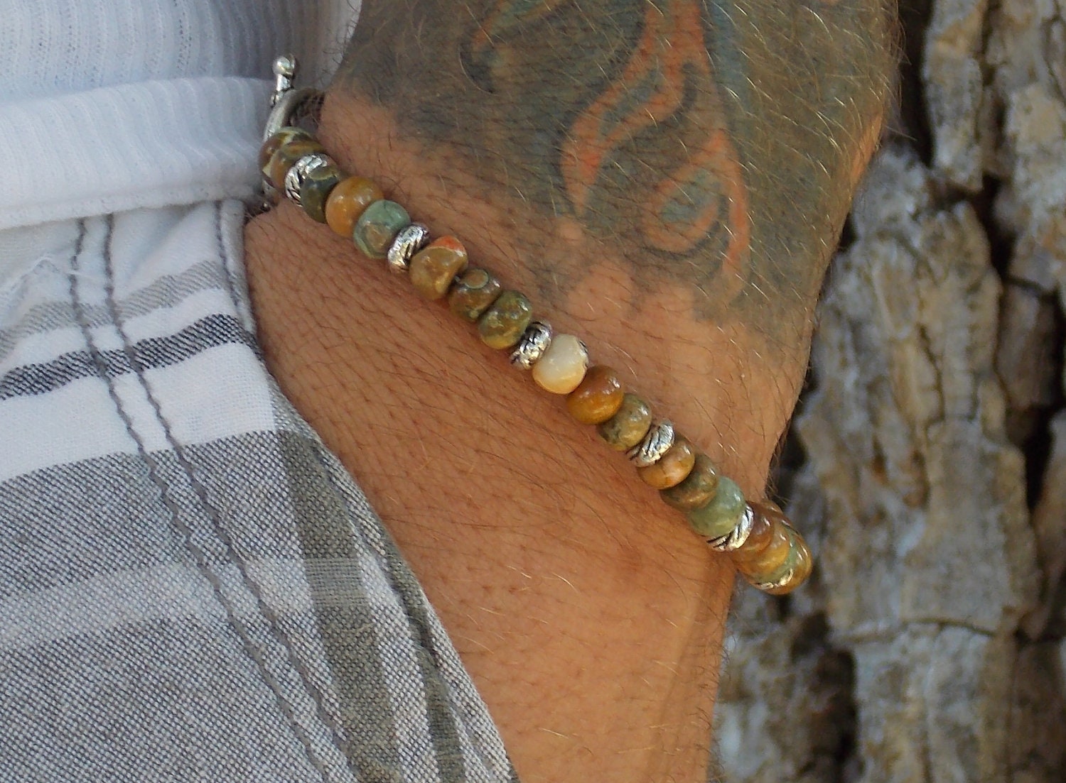 His Rhyolite Gemstone and Pewter Bracelet Free shipping US