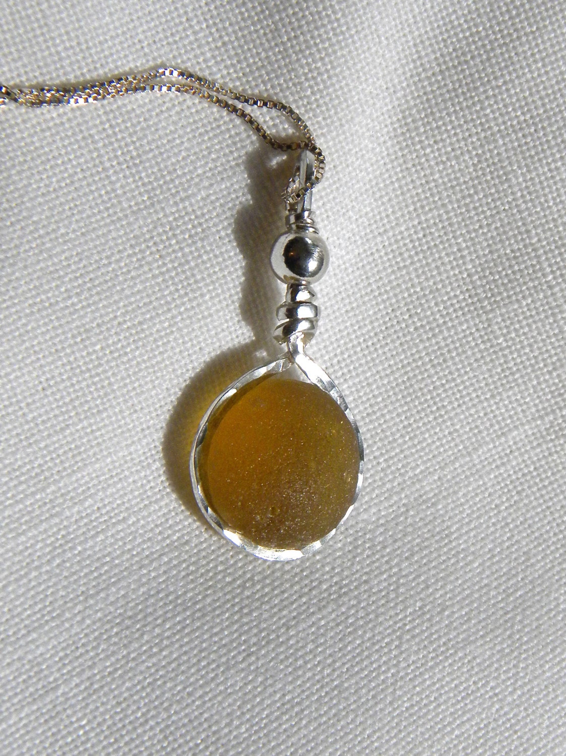 Sea Glass Necklace Golden Amber Wire Wrapped in Argentium Sterling Silver